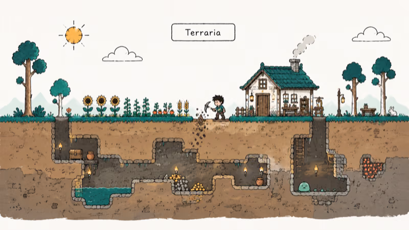 Hand-drawn 2D dirt-layer world with crops for Terraria