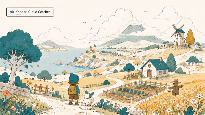 Hand-drawn peaceful open island landscape for Yonder