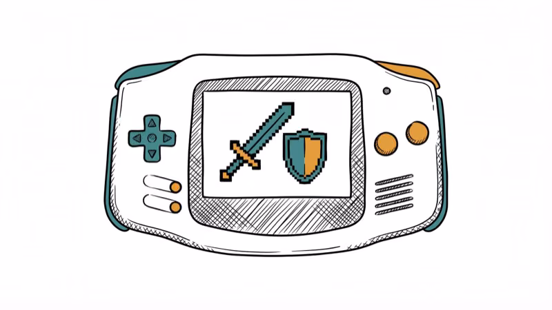 Game Boy Advance handheld with pixel art sword and shield on screen