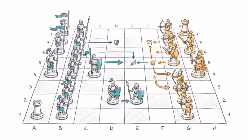 Tactical grid map with fantasy warrior pieces in strategic formation