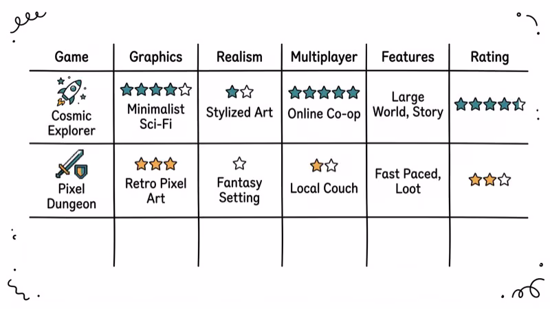 Comparison chart of fishing games with rating stars and feature categories