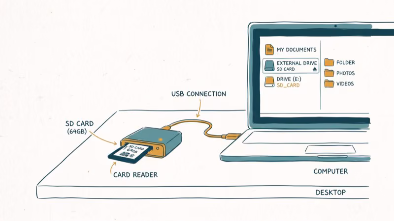 USB card reader connected to laptop with SD card inserted for data recovery
