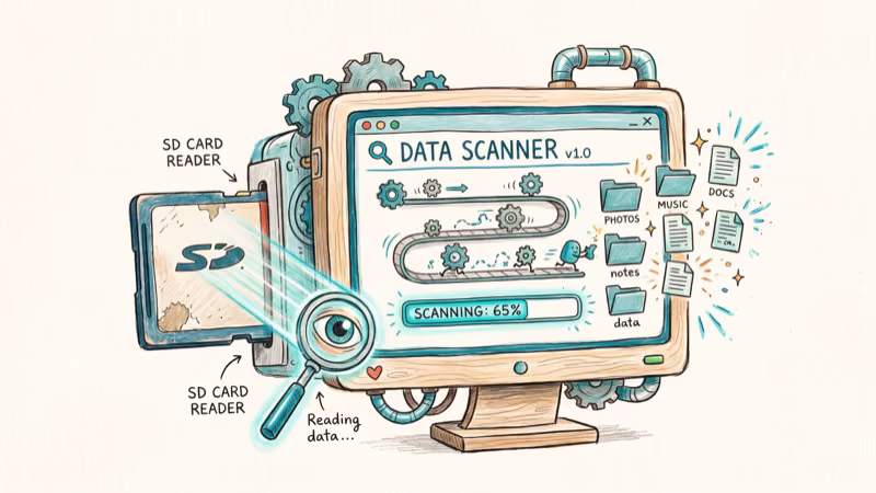 SD card recovery software scanning process showing file detection progress
