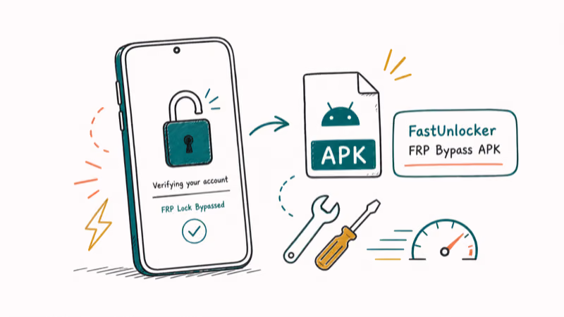 Hand-drawn illustration: FastUnlocker FRP Bypass APK