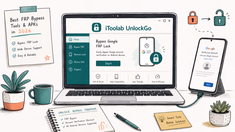 Hand-drawn illustration: iToolab UnlockGo