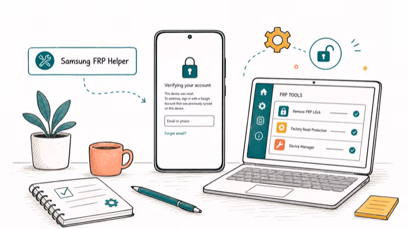 Hand-drawn illustration: Samsung FRP Helper