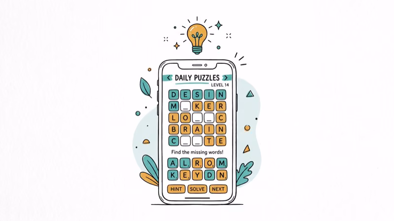 Phone screen with creative word puzzles and lightbulb idea icon