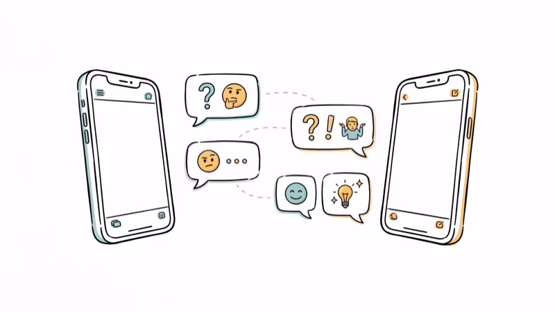 Two smartphones with chat bubbles and question marks between them