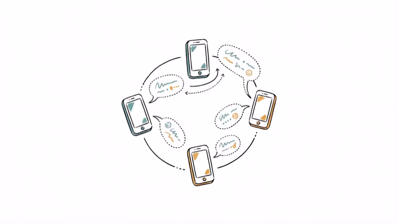 Multiple phones in circle with chat bubbles for group conversation