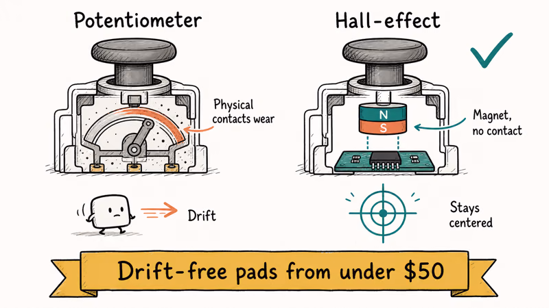 Hand-drawn cutaway comparing a worn potentiometer joystick against a contactless Hall-effect magnetic stick
