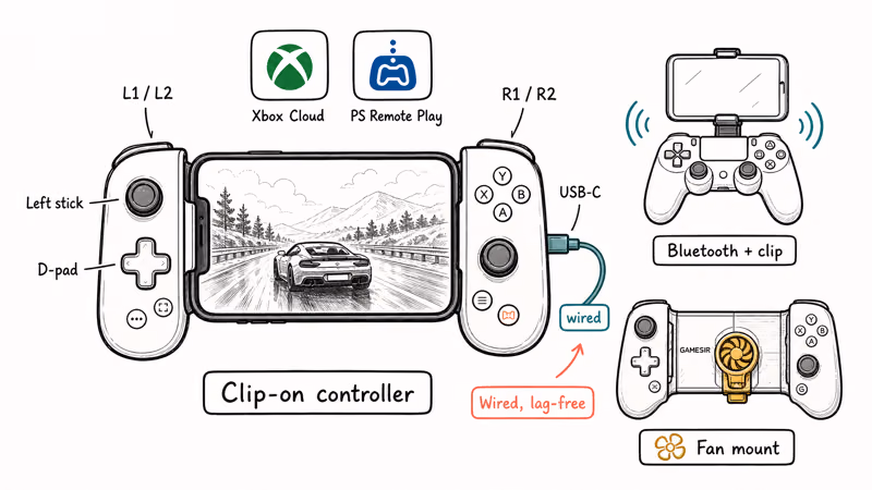 Hand-drawn illustration of a clip-on controller turning a phone into a handheld for cloud gaming