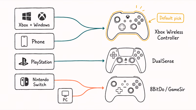 Hand-drawn chart matching Xbox, PlayStation, Switch, and phone platforms to their best game controllers