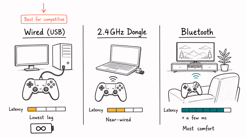 Hand-drawn comparison of wired, dongle, and Bluetooth controllers showing input lag and comfort tradeoffs