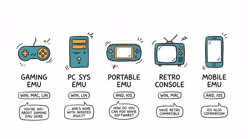 Five emulator app icons with feature labels and compatibility badges beneath each