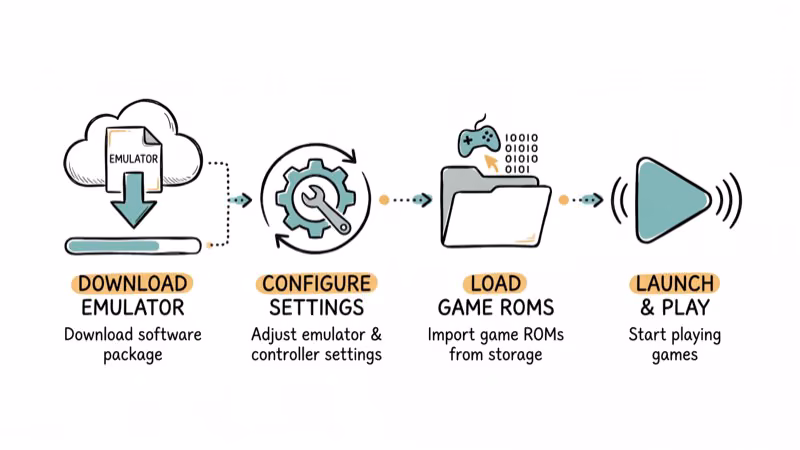 Step-by-step installation flow with download arrow settings gear and play button