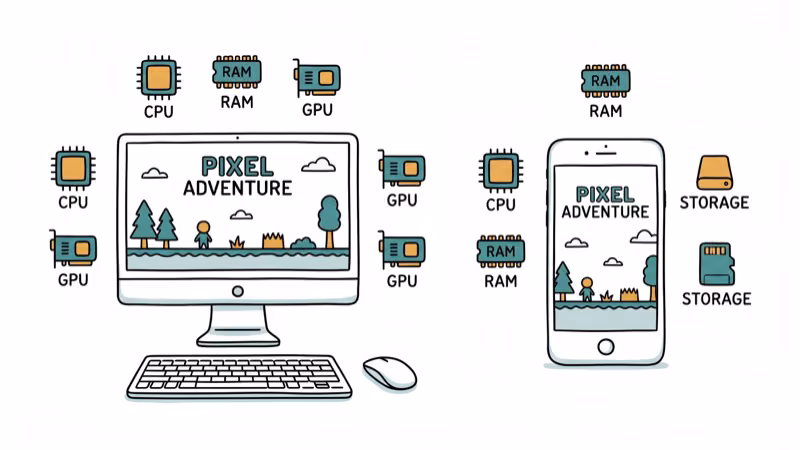 Desktop computer and smartphone displaying same game with CPU and RAM requirement icons