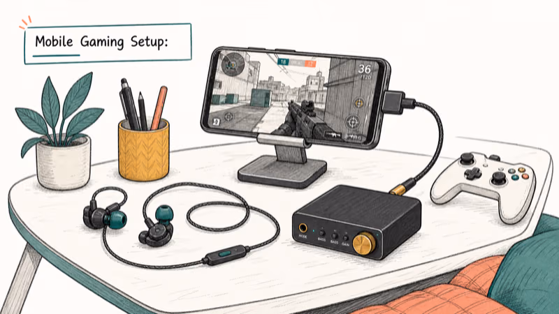 Hand-drawn illustration: Mobile Gaming Setup: