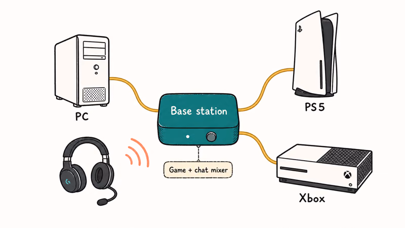 Hand-drawn diagram of a base station linking PC, PS5, and Xbox audio at once
