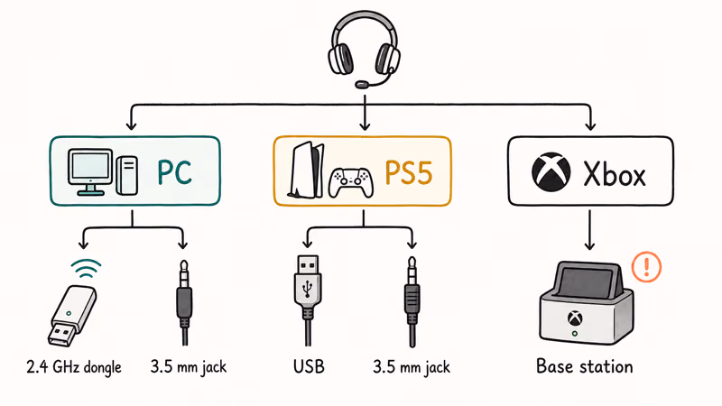 Hand-drawn guide showing PC, PS5, and Xbox gaming headset connection types side by side