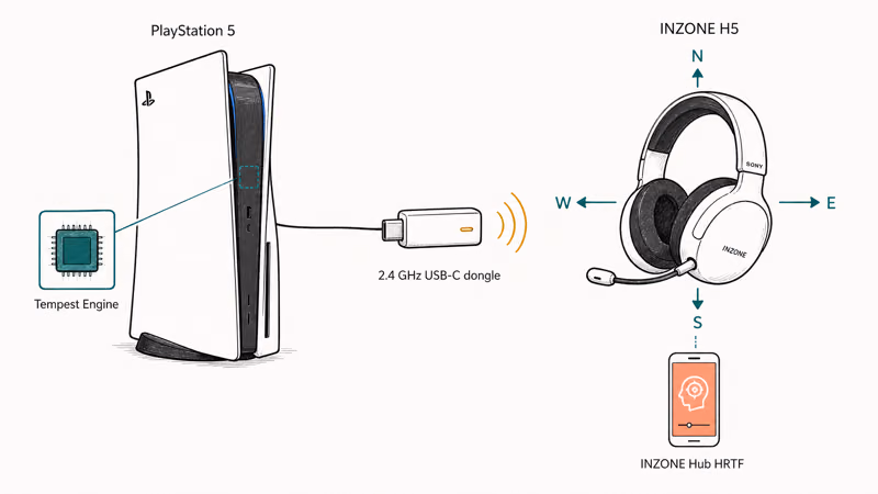 Sony INZONE H5 headset receiving PS5 Tempest 3D audio with personalized HRTF spatial mapping