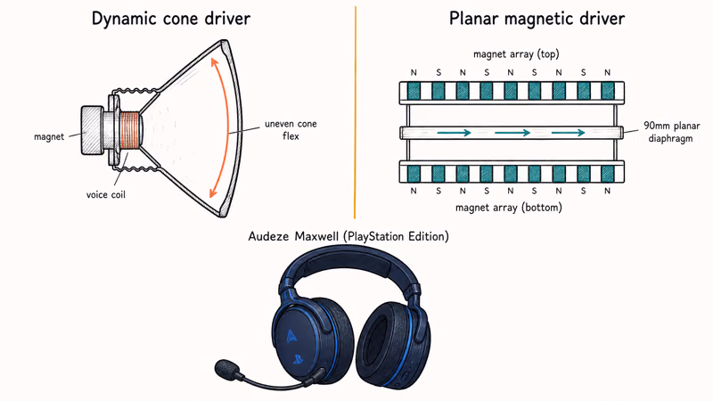 Cross-section of planar magnetic versus dynamic cone driver with Audeze Maxwell PlayStation headset