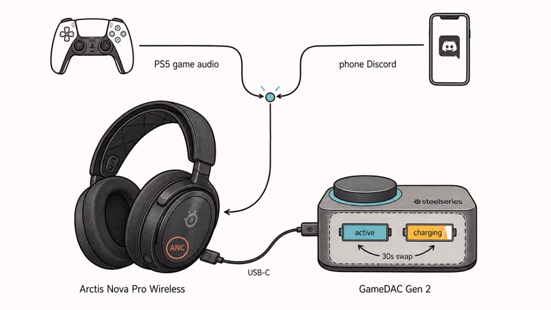 SteelSeries Nova Pro with dual-battery hot-swap base station mixing PS5 audio and phone Discord