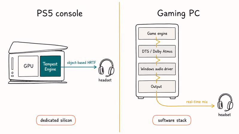Side by side PS5 Tempest Engine dedicated silicon versus PC software audio stack routing to headset