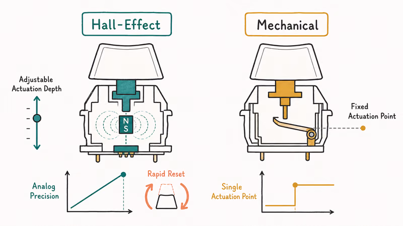 Hall-effect analog switch with magnetic sensor beside a mechanical switch with a fixed contact point