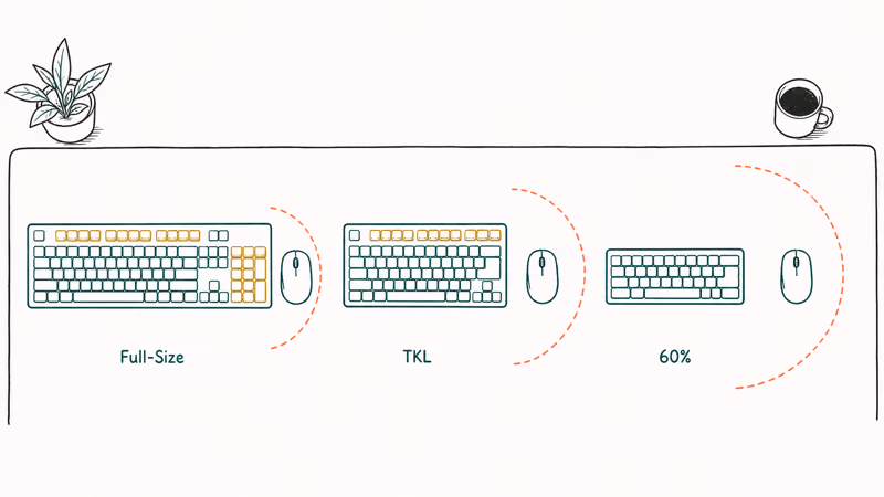 Full-size, TKL, and 60% keyboard layouts compared by footprint and remaining mouse space