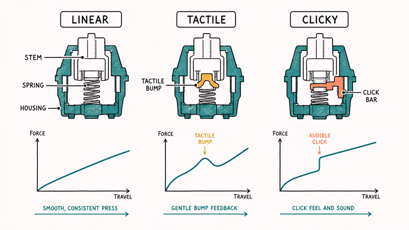 Cutaway drawings of linear, tactile, and clicky mechanical switches showing how each keypress feels different