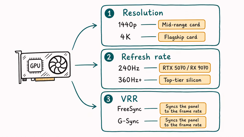 Layered guide pairing GPU tiers with monitor resolution, refresh rate, and variable refresh settings.