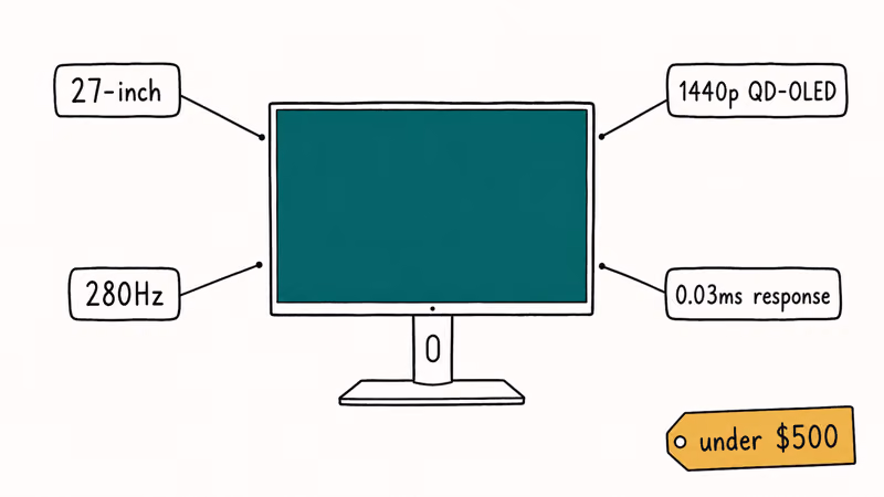 Spec callout card for a 27-inch 1440p QD-OLED monitor running 280Hz under $500.