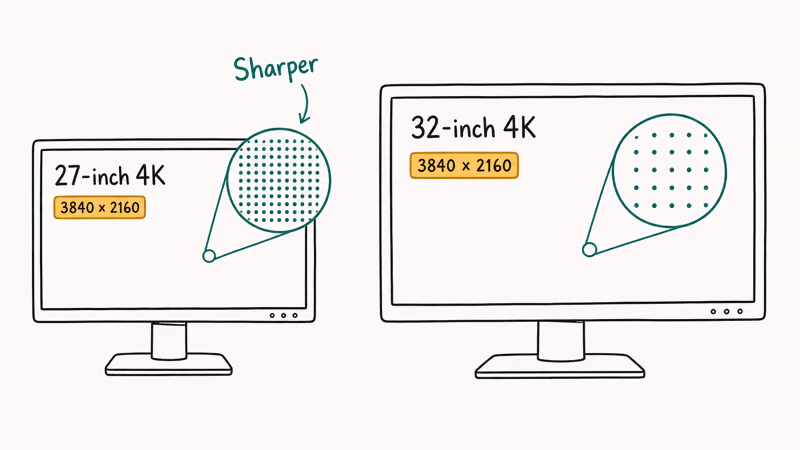 Two 4K monitors compared, the 27-inch showing tighter pixel density than the 32-inch.