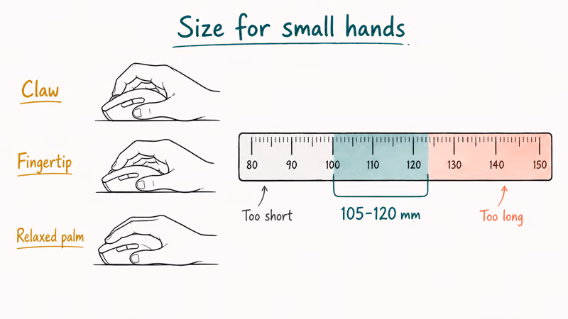 Guide comparing claw, fingertip, and palm grip styles for small hands with mouse length band