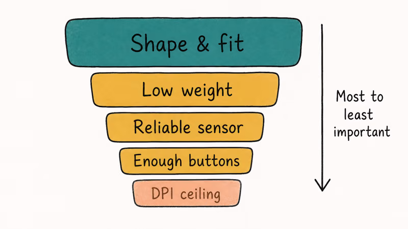 Priority chart placing mouse shape and fit above sensor, button count, and DPI for aim