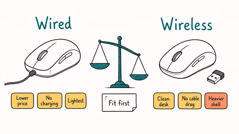 Comparison of wired versus wireless compact gaming mice weighing price, weight, and desk clutter