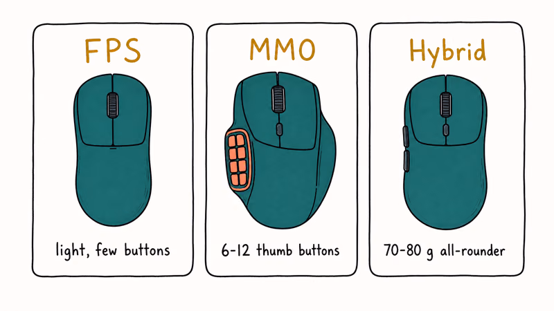 Three mouse cards comparing FPS, MMO, and hybrid gaming mice by buttons and weight