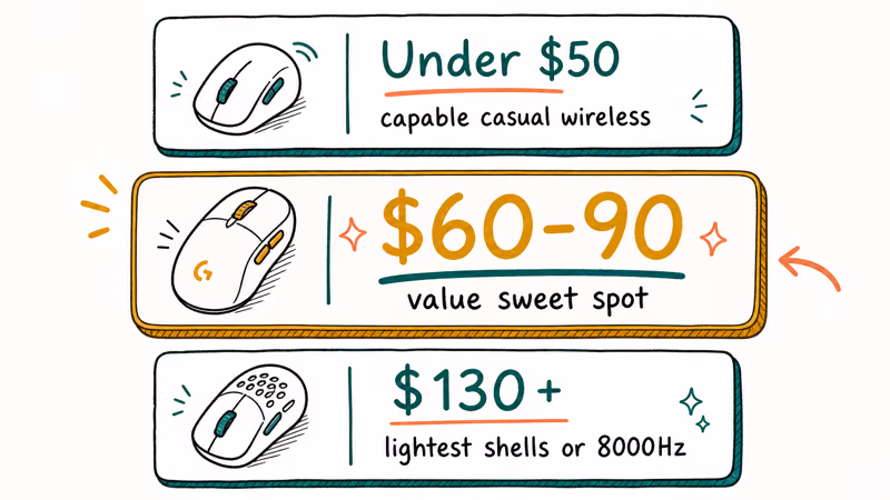 Three gaming mouse budget tiers under 50, 60 to 90, and 130 dollars