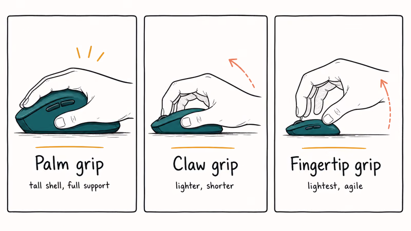 Three hand-drawn panels comparing palm, claw, and fingertip mouse grips on different mouse shapes