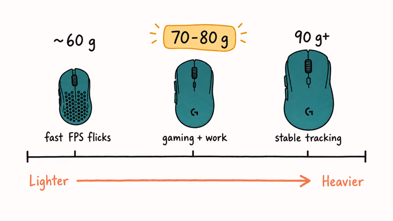 Weight scale showing 60 gram, 70 to 80 gram, and 90 gram gaming mice