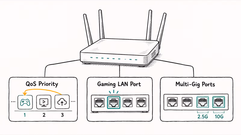 Diagram of a gaming router's three core extras: QoS, gaming port, and multi-gig ports