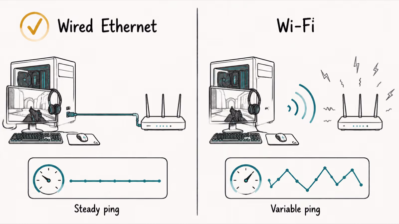 Comparison of wired Ethernet versus Wi-Fi latency showing steadier ping on a wired gaming connection