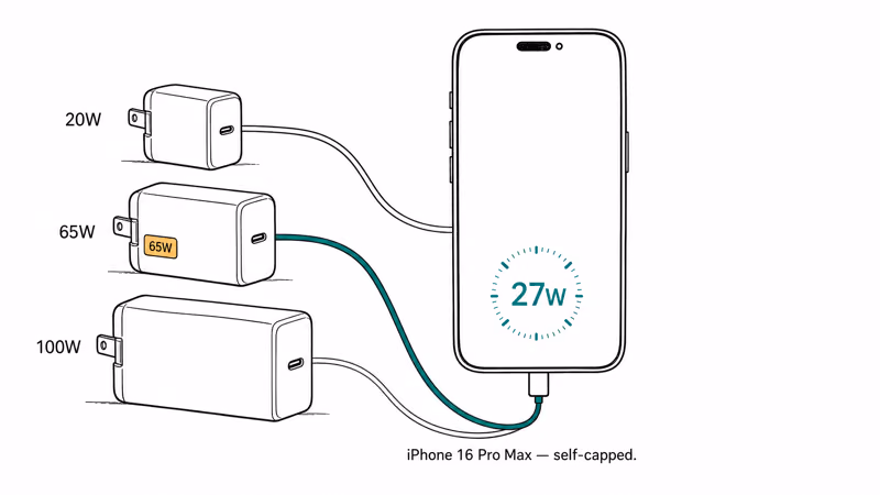 Hand-drawn diagram of three GaN bricks all charging an iPhone at twenty-seven watts.