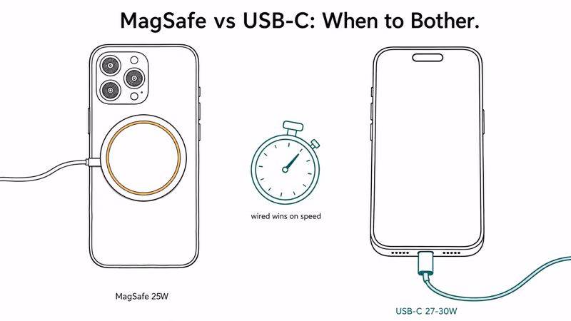 Hand-drawn iPhone 16 Pro pair comparing MagSafe puck and USB-C cable charging speeds.