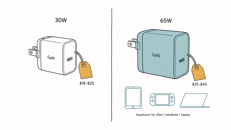 Side-by-side hand-drawn sketch of thirty-watt and sixty-five-watt GaN bricks with price tags.
