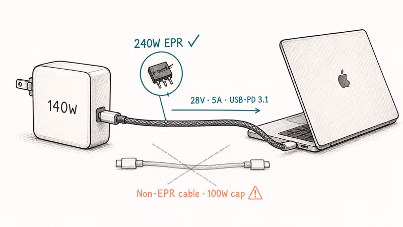 EPR-rated USB-C cable and 140W GaN brick negotiating full speed with 16-inch MacBook Pro