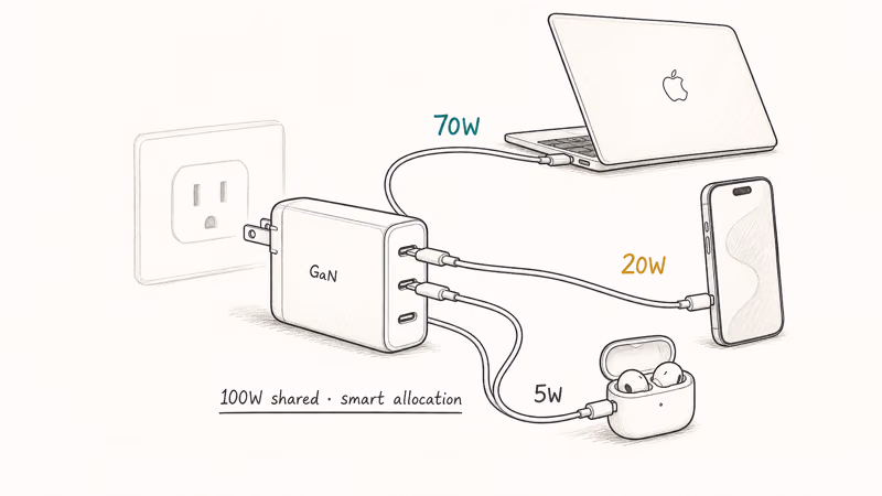 Three-port GaN charger powering MacBook Pro, iPhone, and earbuds simultaneously from one outlet