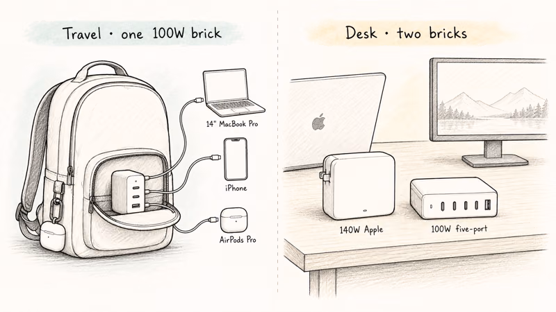 Travel backpack with single 100W charger versus desk setup with 140W and five-port chargers