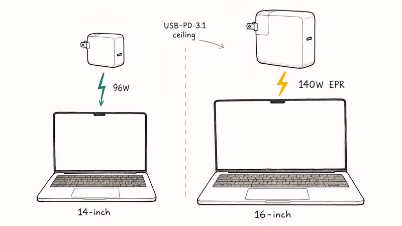 Hand-drawn comparison of 14-inch 96W MacBook Pro and 16-inch 140W MacBook Pro chargers