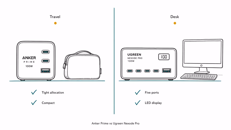 Editorial split illustration pairing Anker Prime with travel pouch and Ugreen Nexode Pro with desk setup